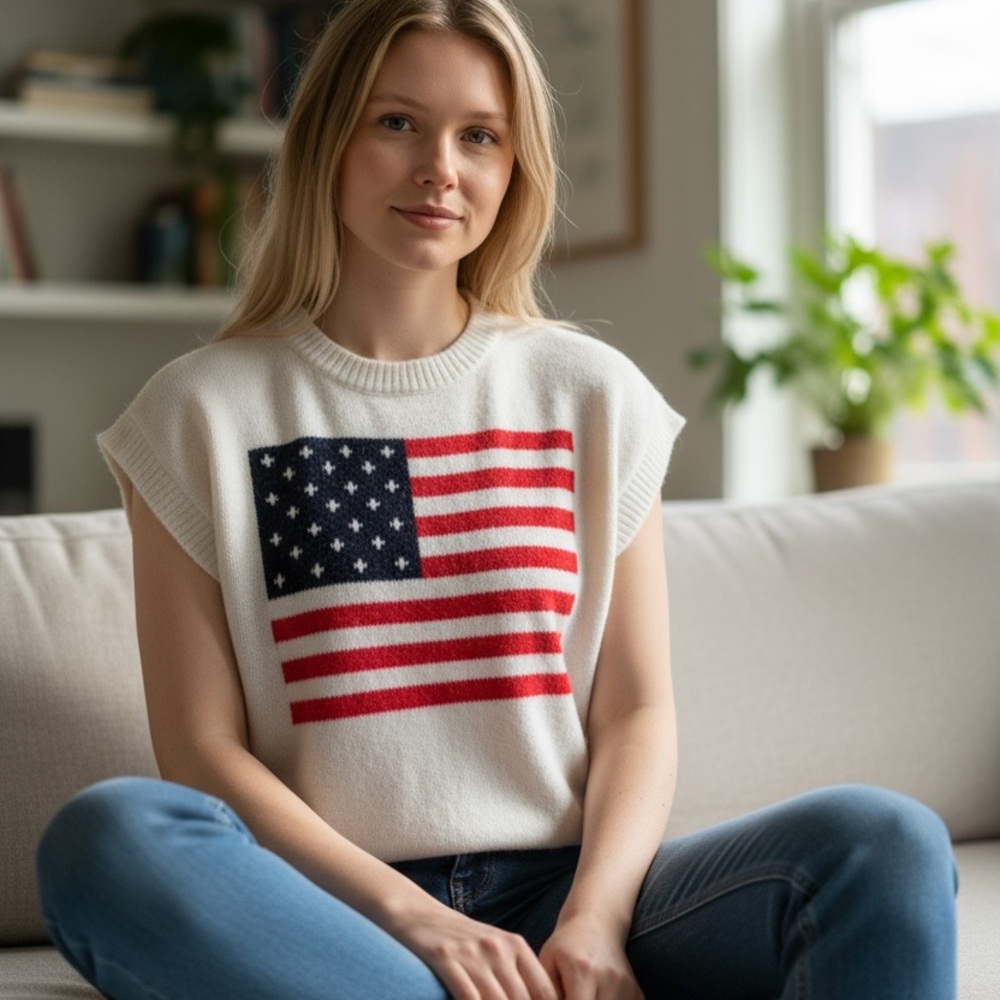 SHEIN White Sweater with American Flag Design